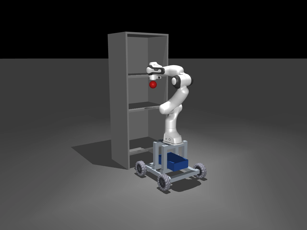 GPT-6 Astra’s simulated robot arm mounted on a connected wheeled chassis beside a shelf.
